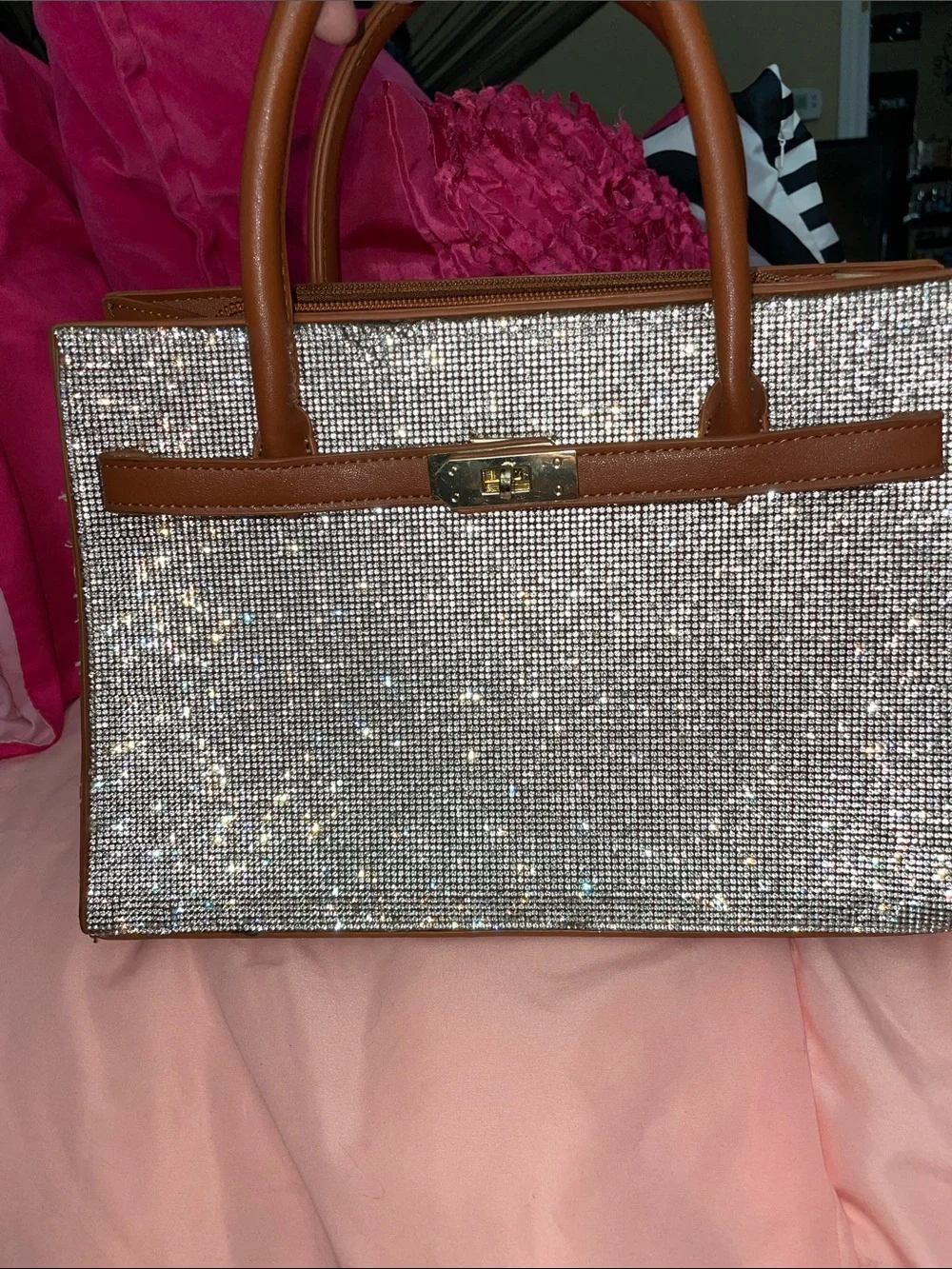 Classic Structured Tote Bag in Brown and Silver